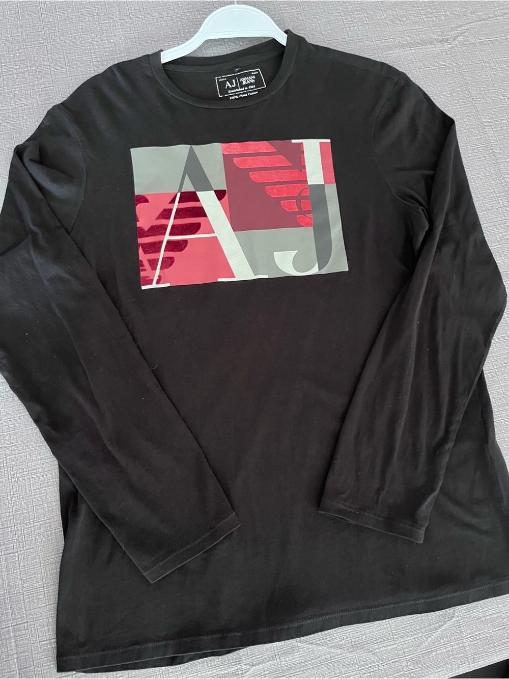 Armani Jeans Black Long-Sleeve Tee with Red and Gray AJ Graphic